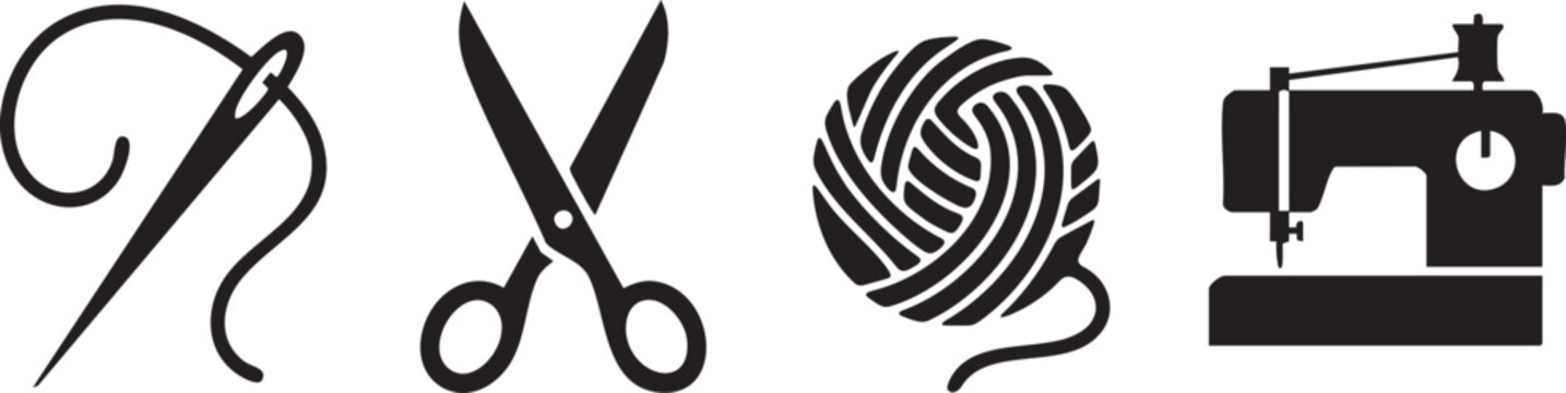 Set of four sewing and crafting icons: needle with thread, scissors, yarn ball, and sewing mach
