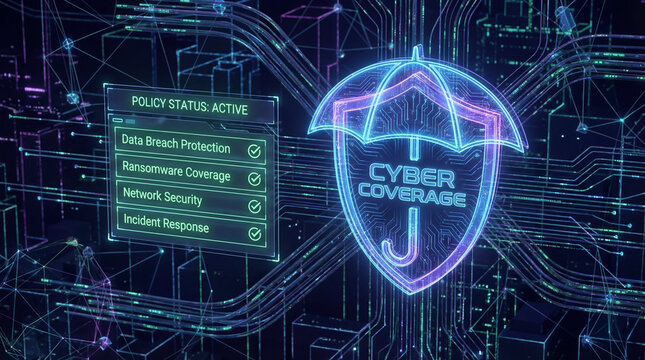 Cyber insurance policy checklist umbrella shield concept. Illustration of cyber security protection with digital elements.