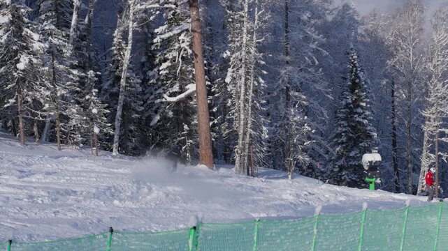 Skier Swiftly Navigating Groomed Course Amidst Nature. Competitive Skier Executing Sharp Turns On Wellmaintained Trail. Athlete Skillfully Carving Through Snow On Groomed Mountain Slope During Race
