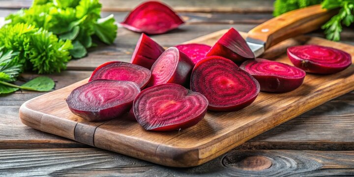 Fresh red beetroot sliced into wedges on a wooden cutting board , beets, food,  beets