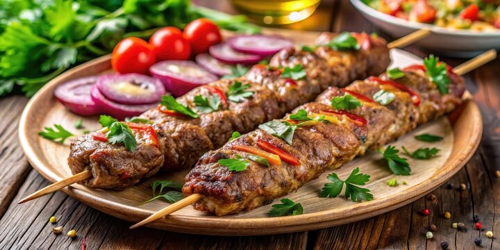 Close-up shot of a juicy Persian koobideh kabab on a skewer, showcasing its tender meat and savory flavors, garnished with fresh parsley and served hot , koobideh kabab, delicious food