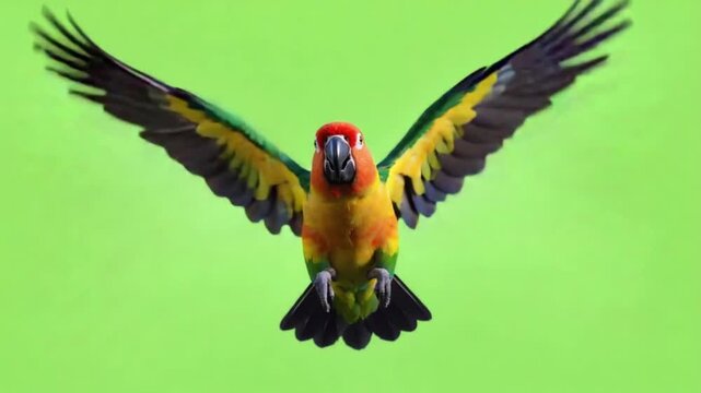 Vibrant parrot in flight with outstretched wings on green background