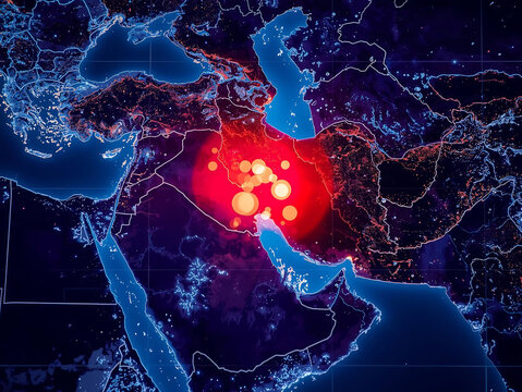 Middle East map with glowing hotspot, global connection