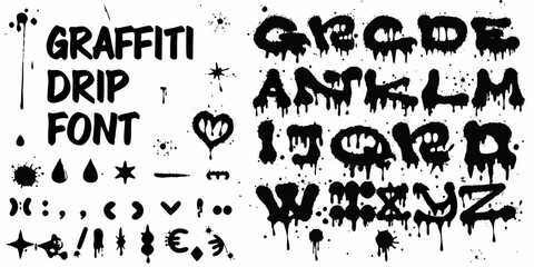 Obraz premium Black graffiti alphabet with dripping paint and various symbolic elements
