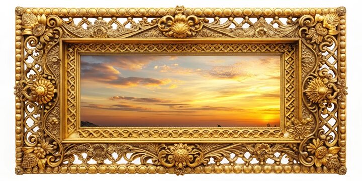 A vintage gold rectangle frame with intricate details and ornate patterns on the edges, containing a beautiful landscape or cityscape at sunset, detailed, art