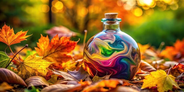 A vibrant flask filled with a swirling colorful liquid, surrounded by lush greenery and autumnal leaves , glassware