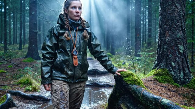 Woman hiker explores rainy forest with compass. Hiker touches green moss in forest. Rain falls on woman hiker. Misty forest surrounds hiker. Compass guides woman hiker. Hiker walking in rainy woods.