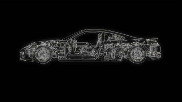 Car cutaway illustration, vehicle engineering technical diagram
