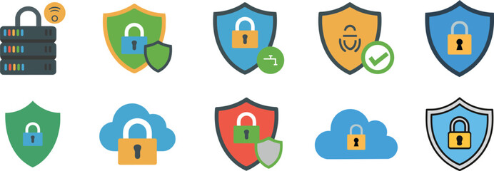 Fototapeta premium A collection of security icons with locks and shields, security, lock, shield, cloud, protection, safety, online, icon, graphic, symbol