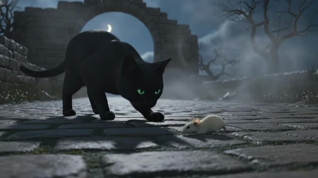 Black cat stalking white mouse under night sky