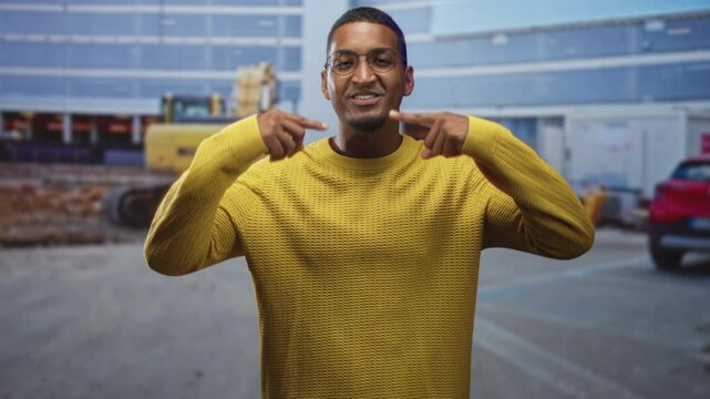 Young black man points fingers to cheeks and puckers lips in yellow sweater at construction site with excavator and parked car visible; playful confidence.