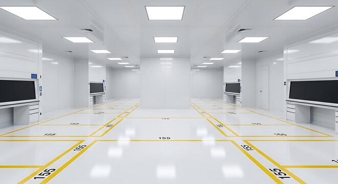 Modern clean laboratory interior with bright lighting and marked floor sections