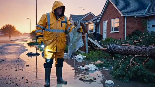 Man in yellow raincoat surveys flood damage. Rescue worker holds map in flooded street. Rescue worker checks disaster with flashlight. Flood water covers road near houses. Man walks in storm debris.