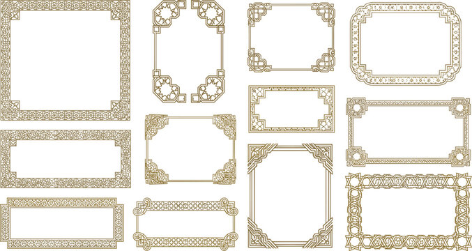 Elegant Islamic decorative frame collection featuring gold geometric and floral motifs in symmetrical rectangular designs for Ramadan and Eid ul-Fitr festive artwork.
