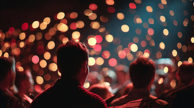 church choir members singing together during christmas rehearsal surrounded by festive bokeh lights and spiritual christian worship practice environment
