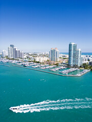 Fototapeta premium Miami district sky view. Miami coastline from drone. Panoramic Miami coastline. Miami city.