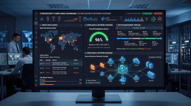 Vulnerability management patching strategy security concept. Modern dashboard displaying network management and compliance metrics.