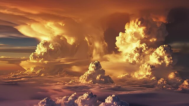 Flying Over Majestic Thunderstorm Clouds During A Golden Sunset