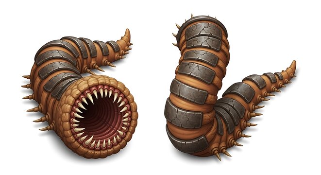 Two mechanical worms with sharp teeth emerge from ground in dark fantasy scene