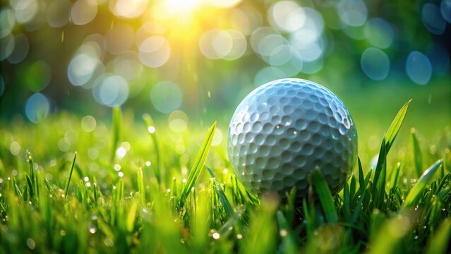 A golf ball sitting on a lush overgreen grassy surface with a subtle texture and slight dew drop , outdoors, nature