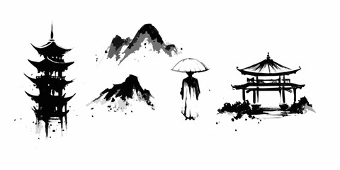 Obraz premium East asian landscape with pagodas mountains and a figure with umbrella
