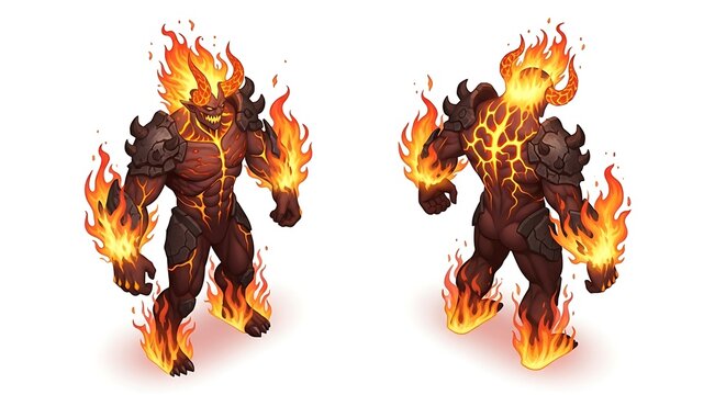 Two muscular humanoid monsters with flames on their body standing in white background