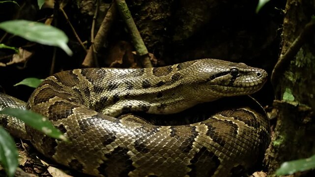 Cinematic 4K close-up of a majestic boa constrictor camouflaged deep within the dark, lush tropical rainforest