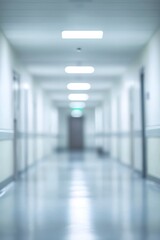 Obraz premium Blurred hospital corridor with overhead lights and doors