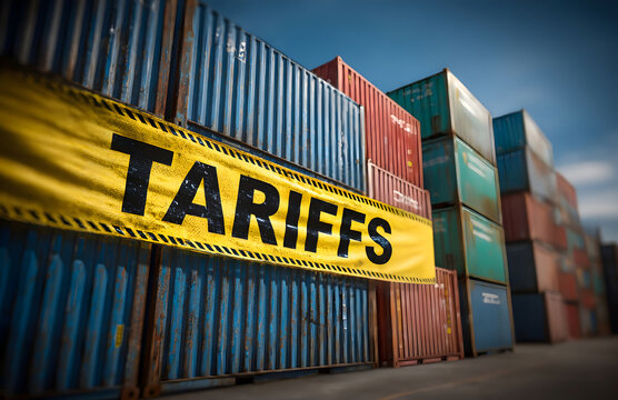 Tariffs warning tape on stacked shipping containers in cargo yard
