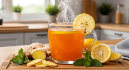 Fototapeta premium Steaming ginger and lemon tea in a glass mug on a wooden board with ingredients