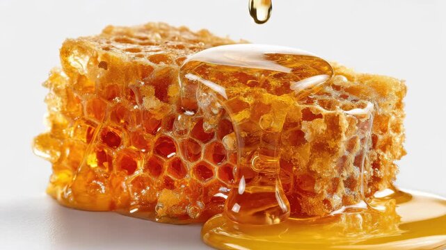 Captivating close up of natural golden honeycomb dripping with sweet pure liquid honey, showcasing organic freshness, delicious wholesome goodness, and rich texture from bees
