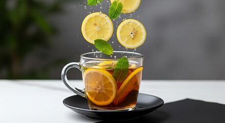 Fototapeta premium Glass mug of herbal tea with floating lemons and mint leaves
