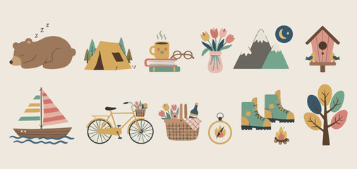 Outdoor life and camping set, hand drawn hobby travel icons, adventure vacation sketches collection for design, minimalist nature elements for branding, holiday activity line art graphics, summer trip © Geetaroy