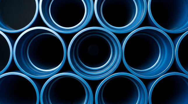 Close-up view of a stack of industrial blue PVC pipes organized in a repetitive circular geometric pattern, showing the ends of conduit tubes for plumbing and water infrastructure.