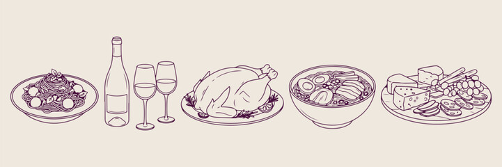 Roast turkey and soup doodle set, dinner food hand drawn icons, roasted chicken and hot soup sketches, holiday meal vector illustration collection, kitchen cooking food line art, traditional dinner el © Geetaroy