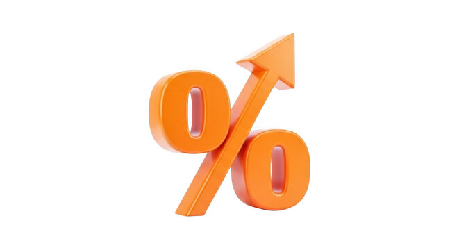 3d orange percent sign with arrow pointing up isolated on transparent background
