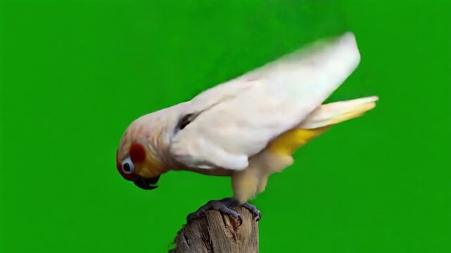 Close-up portrait of colorful cockatiel perched on wooden branch against green background