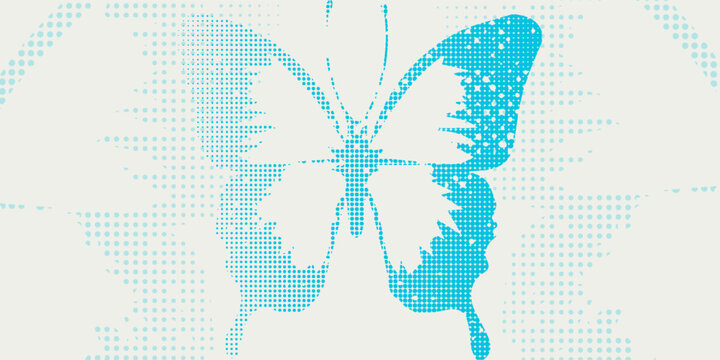 Abstract butterfly composition made from halftone dot patterns, cyan and light blue color palette on a soft beige background