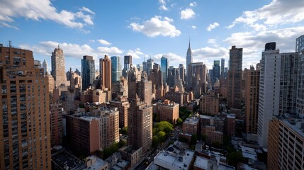 Obraz premium A panoramic aerial view of a dense urban skyline under a bright blue sky with scattered clouds
