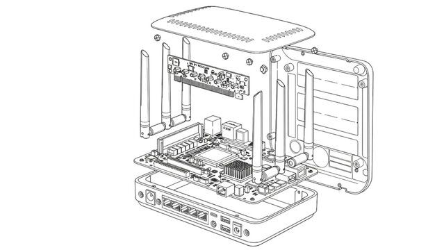WiFi router exploded view, CAD technical networking diagram