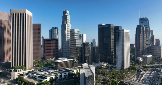 Los Angeles downtown business district architecture. Los Angeles cityscape modern towers buildings. Los Angeles aerial panorama urban California. Los Angeles financial center skyscrapers.