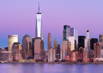 Obraz premium Manhattan night view. New York panoramic. NYC cityscape. New York night skyline. New York City aerial view of Manhattan. New York skyline with Tower. NYC night metropolis skyline.