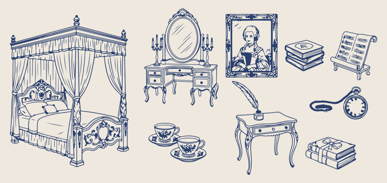 Antique furniture and interior design, Vintage dressing table and mirror, Classic bedroom decor line art, Royal vanity and luxury furniture, Renaissance style home decor icons, Elegant interior archit