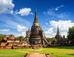Naklejka premium Ancient temple ruins with towering spires set against a bright blue sky filled with fluffy white clouds and lush green areas