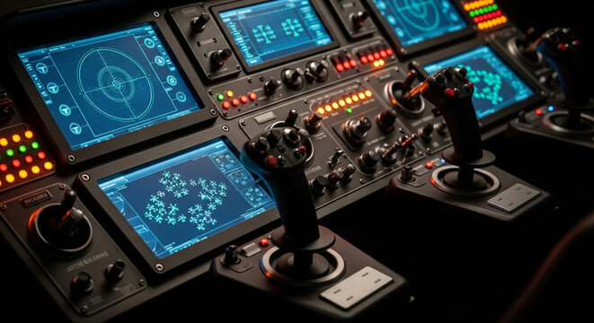 Advanced control panel with joysticks and screens for navigation and operation