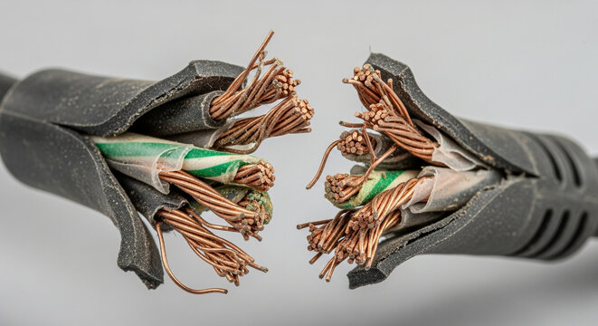Cut ends of a damaged electrical cable showing exposed copper wires and insulation