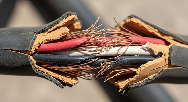 Damaged electrical cable with exposed wires and insulation ripped apart showing inner copper strands