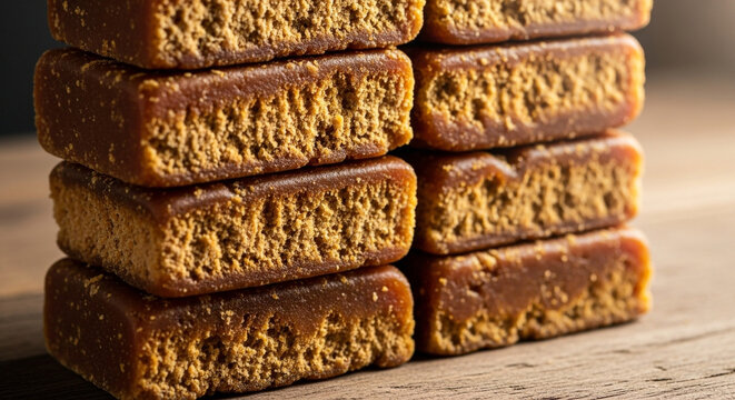 Delicious homemade toffee treats stacked on wooden surface