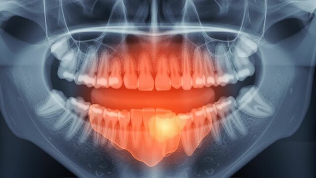 Cyst Concept ,Dental x ray panoramic lower jaw teeth pain inflammation infection highlighted area oral health jawbone medical