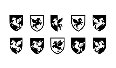 Obraz premium Pegasus Heraldic Crest Icons Set Shield Emblem Vector Collection